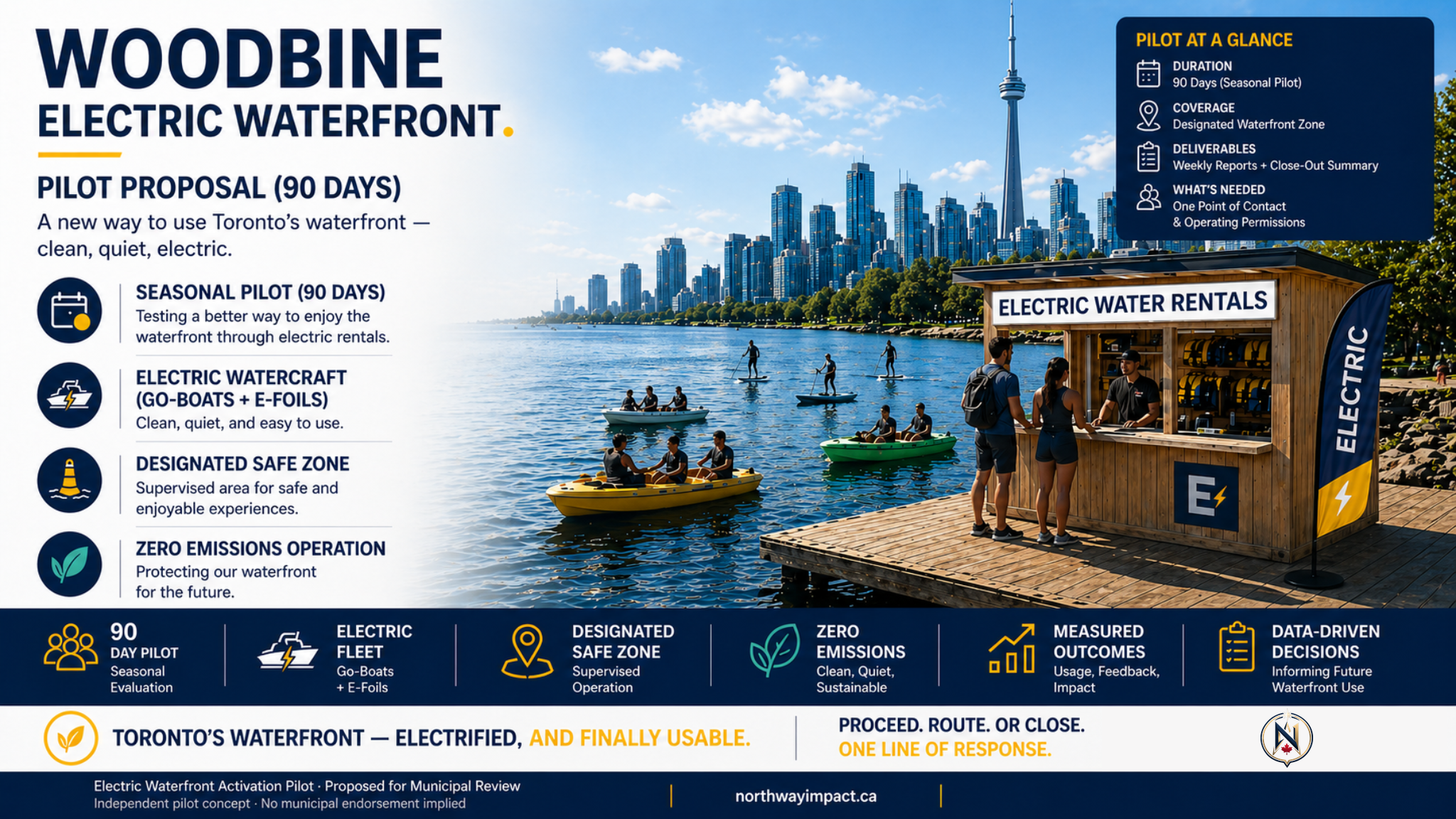 Woodbine Electric Waterfront visual showing electric watercraft rentals on the Toronto waterfront